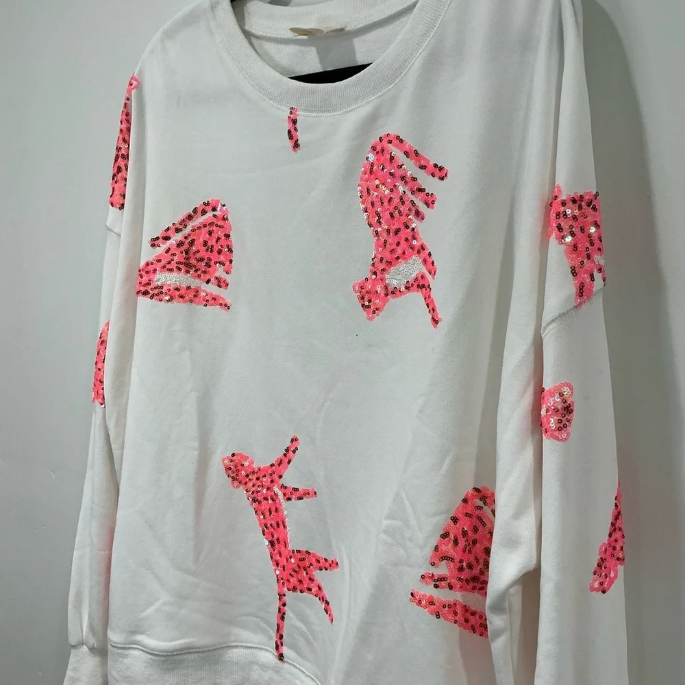 NWOT Peach Love White Long Sleeve Pink Sequin Cheetahs - Picture 3 of 7